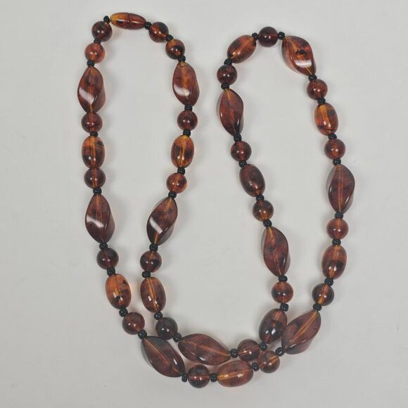 Vintage Long 30.5" Faux Cognac Amber Necklace Chunky Bead Marbled‎ Plastic Brown - Picture 4 of 11